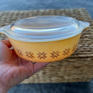 Pyrex Yellow Town And Country Cross Stitch Milk Glass Casserole Dish With Lid